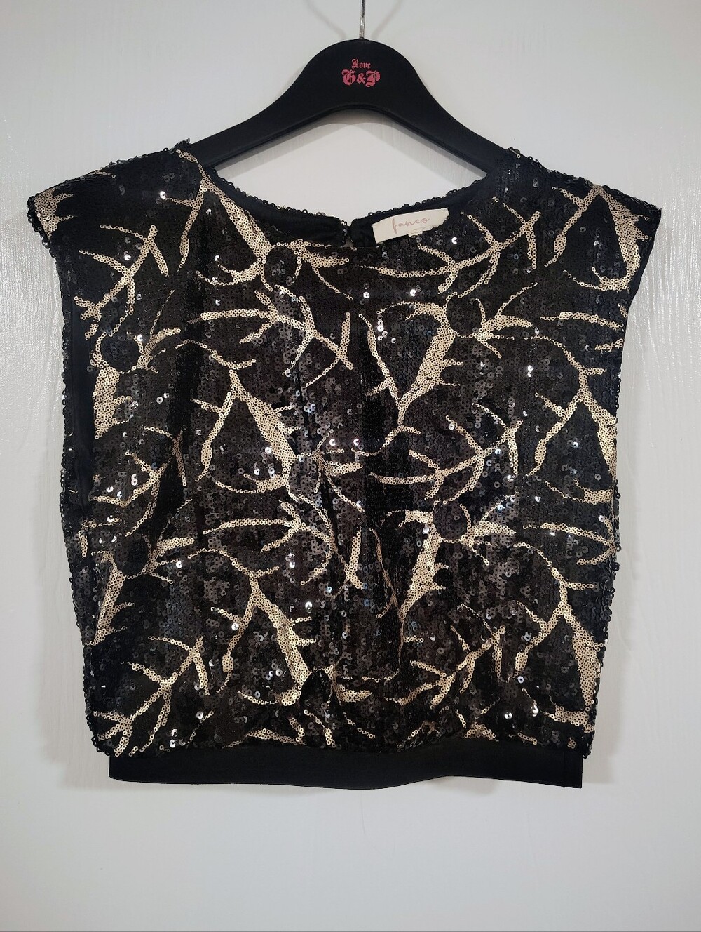 Vintage Fanco Paris Sleeveless/Cap Sleeve Sequin Crop Women's Large Black & Gold
